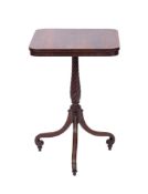 A Regency rosewood occasional table, the square top with rounded corners,