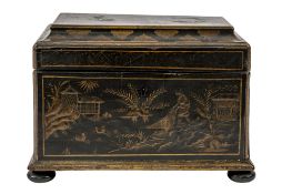 A George III black lacquered and parcel gilt tea caddy,