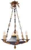A pair of toleware and gilt metal six light electroliers in Empire style,