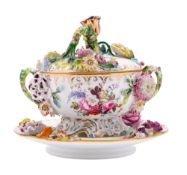 A Coalport flower-encrusted bowl, cover and stand, circa 1835 with branch handles,