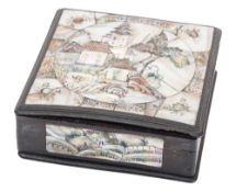 An Oriental hardwood and mother of pearl box and cover engraved and stained with buildings,