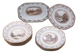 A Chinese Export part service, Jiaqing painted in sepia with European landscapes