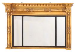 A Regency giltwood and ebonised landscape overmantel mirror,