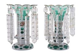 A pair of Bohemian white and green overlay glass lustres,
