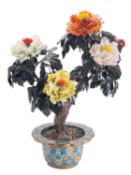 A large Chinese cloisonne jardiniere and hardstone peony tree ornament the flowering branches