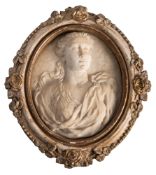 A relief sculpted white marble portrait of a maiden, 19th century; oval and bust length,