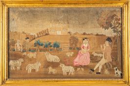 A George III silkwork picture of a shepherd and shepherdess amongst their flock,