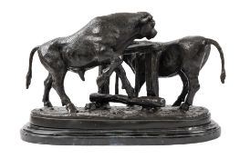 Manner of Pierre-Jules Mene (French, 1810-1879), a patinated metal group of a bullock and a heifer,