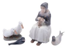 Four Royal Copenhagen porcelain figures comprising Woman Knitting after an original by Lotte Benter,