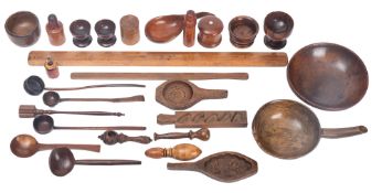 A collection of various items of treen, 19th and 20th century; including a walnut bowl with handle,