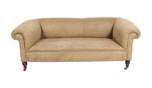 An Edwardian fully upholstered Chesterfield settee on turned, tapered legs and castors, 188cm long,
