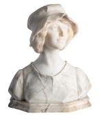 Adolfo Cipriani (Italian, 1857-1941); a sculpted Carrara marble bust of a maiden,