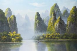 Li Chen Ping (Chinese b 1956) - A view of Guilin, China - Oil on canvas