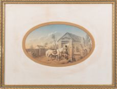 19th Century school in the manner of John Frederick Herring - Figure and horse outside a stable -