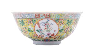 A Chinese yellow-ground famille rose medallion bowl,
