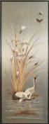 A large Japanese silk embroidery, late Meiji period of red-crowned cranes amongst irises,