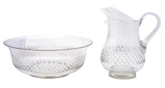 A large cut clear glass bowl and jug, bowl 38cm diameter, jug 29cm high.