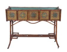 An Aesthetic Movement bamboo and decorated rectangular planter table with metal liner,