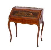 A French kingwood, parquetry, decorated and gilt metal mounted bureau de dame of bombe outline,