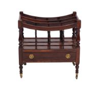 A Regency rosewood three division Canterbury, with spindle turned and baluster uprights,