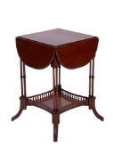 An Edwardian walnut and oak square drop-flap tea table, the hinged top with moulded D-shaped leaves,