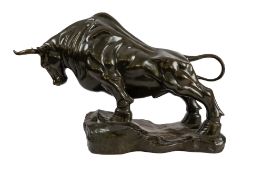 A patinated metal model of a bull, modern; portrayed as 'raging' with head down,
