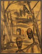 Houshang Pezeshknia (Iranian, 1917 - 1972) - Two figures and trees in a townscape - Pen,