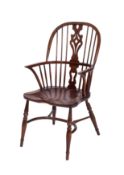 An elm, ash and beech wood stick back Windsor elbow chair,