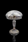 A cut glass table lamp with domed shade supported on a bulbous stem and spreading foot, 40cm high.