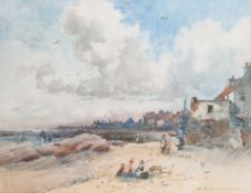 John Muirhead (Scottish, 1863-1927) - Figures on a beach, Pittenweem to the background -