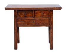 A Chinese elm rectangular side table, with an overhanging top,