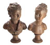After Jean-Antoine Houdon (French, 1741 - 1828), a pair of painted plaster busts of children,