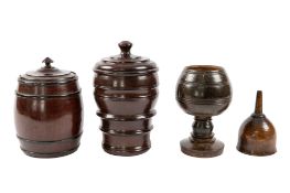 A turned and stained treen tobacco barrel, 19th century;