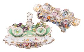 A Coalport flower-encrusted inkstand and a similar green-ground inkstand,
