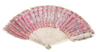 A Chinese bone and feather fan, late Qing dynasty with carved and pierced guards and sticks,