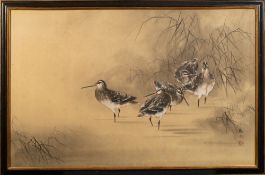A Japanese painting on silk of grey-tailed tattlers wading amongst reeds, signed and sealed,