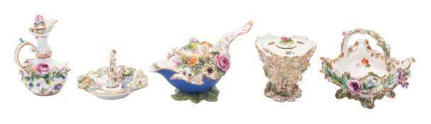 A group of five Coalport flower-encrusted wares, circa 1830, all painted and applied with flowers,