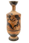 A black figure pottery vase, in the style of a 5th century B.C. Attic lekythos;