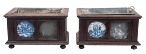 A pair of Delft tile mounted oak jardinieres, the ceramics 17th century,