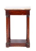 A Louis Philippe mahogany and brass mounted hall console table with rectangular white marble top,