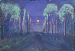 Gunner F J Mears (British, 1890-1929) - A road lined by trees - Watercolour on paper - 18.