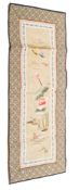 A Chinese silk rectangular panel, 20th century embroidered with water birds and lotus,