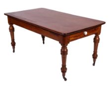 A Victorian pitch pine rectangular kitchen table, fitted with a drawer to either end,