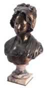 After Jean-Baptiste Greuze (French, 1725 - 1805), a patinated bronze bust of a maiden,