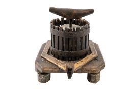 A walnut and wrought iron banded domestic fruit press,