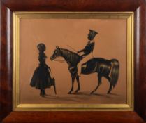A 19th century school - Girl with umbrella and boy on pony / horse - Silhouette portrait,