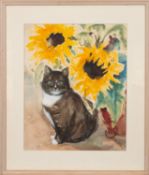 Lindsay Steele (British, Contemporary) - 'Oscar & Sunflowers' - Watercolour on paper - 45 x 36.