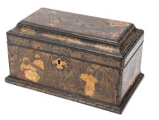 A George II black japanned and parcel gilt Chinoiserie decorated wood tea caddy,