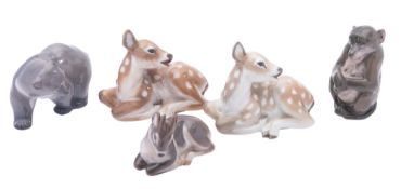 Five Royal Copenhagen porcelain figures comprising Monkey after an original by Niels Nielsen,