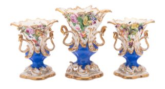 A garniture of three Coalport blue-ground rococo vases,